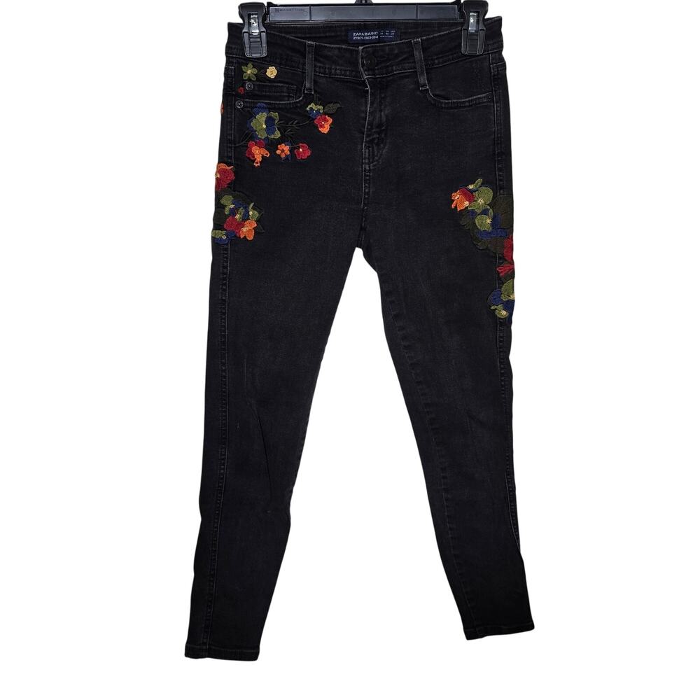Zara Basic Black Floral Embroidered Skinny Mid-Rise Jeans Black Sz 2 EUC
